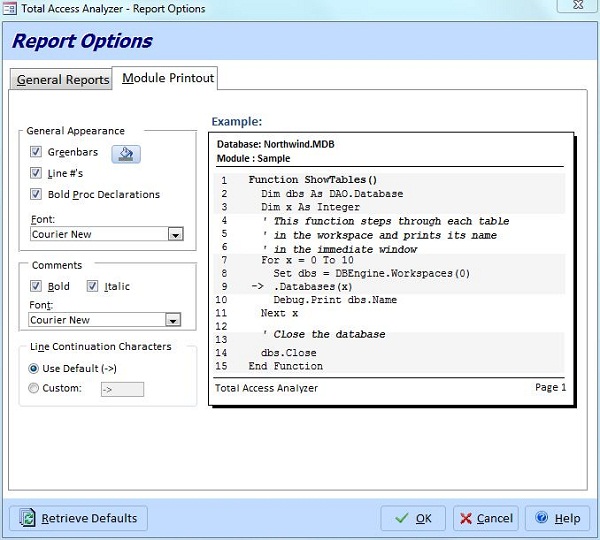 Microsoft Access Module Printout Options