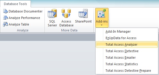 Microsoft Access Add-in Menu for Total Access Analyzer