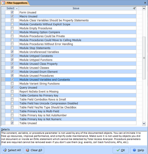 Filter in Total Access Analyzer to specify which types of Suggestions to display