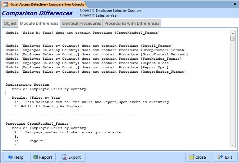 Differences bewteen modules for code behind reports in Microsoft Access