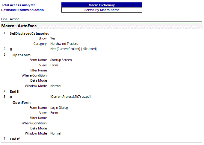 Microsoft Access Macro Dictionary Detail Report