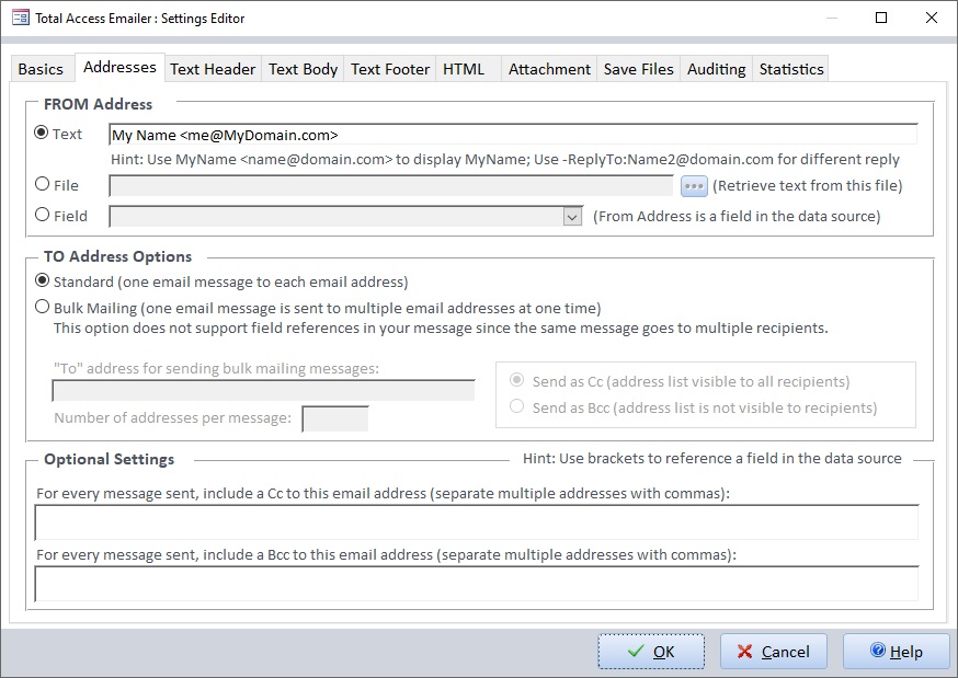 Set the FROM, TO, CC and BCC addresses for your Microsoft Access emails