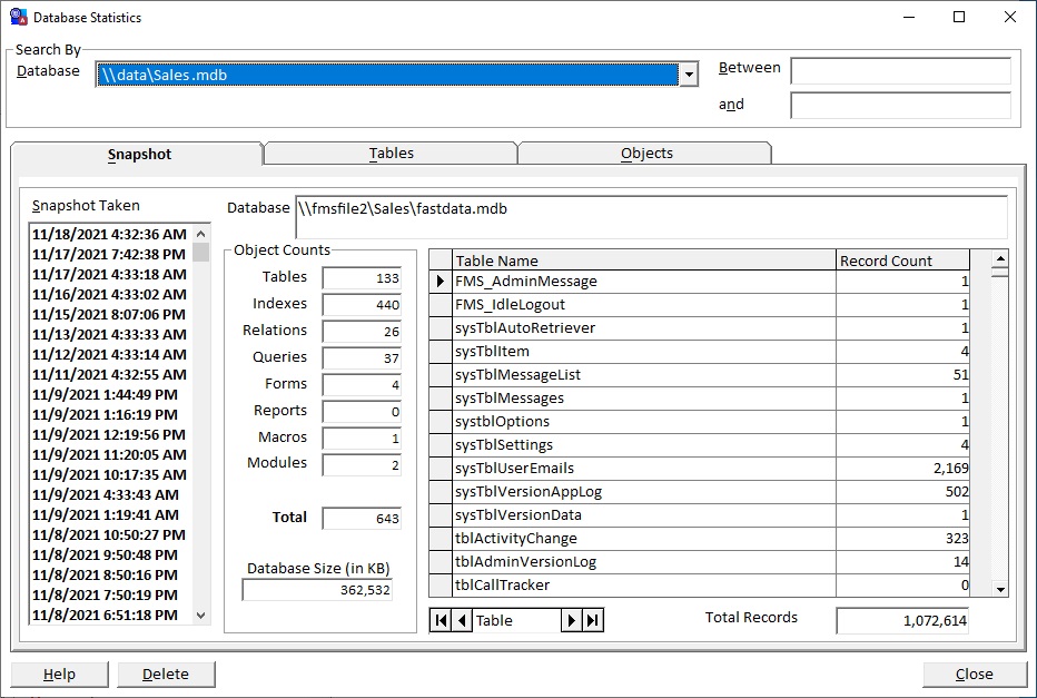 Microsoft Access Database Statistics