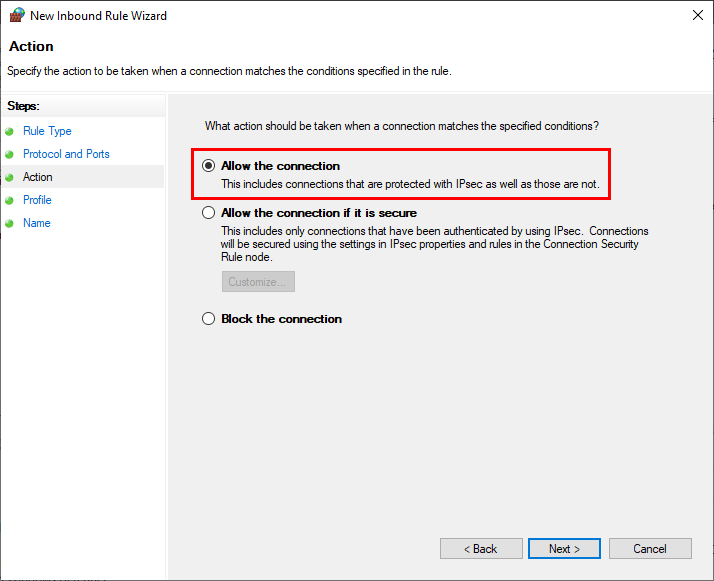 New Inbound Rule Wizard Allow Connection