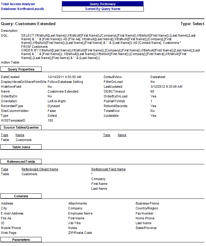 Microsoft Access Query Documentation: Description, SQL, Properties, Source, Joins, Parameters, Columns