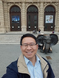 Luke with the Playful Elephant Statue in Austria.