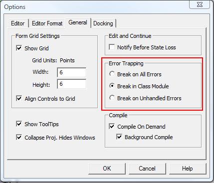 Setting Error trapping/handling options for VBA/VB6